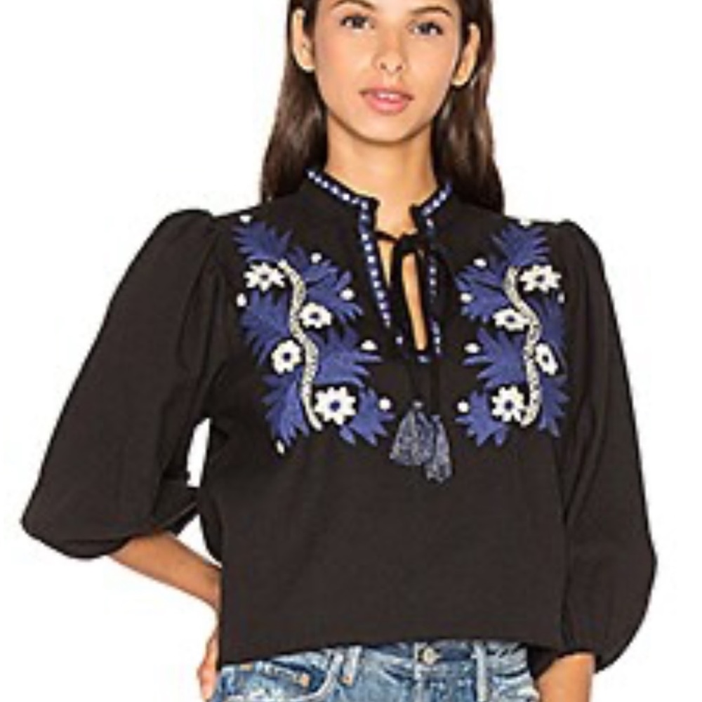 SUNO Two Tone Floral Top in Black & Blue